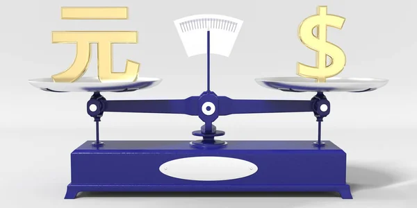 Yuan renminbi symbol weighs the same as Dollar sign on balance scales. Financial market conceptual 3d rendering — Stock Photo, Image