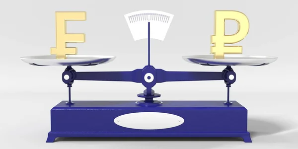 El símbolo del franco suizo pesa lo mismo que el signo del rublo en balanzas. Mercado financiero conceptual 3d rendering — Foto de Stock