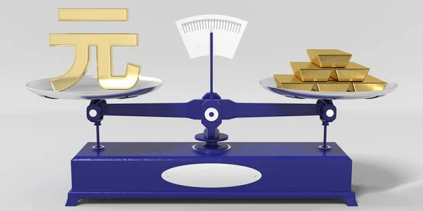 Yuan renminbi símbolo pesa lo mismo que las barras de oro en balanzas. Mercado financiero conceptual 3d rendering —  Fotos de Stock
