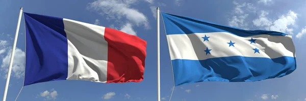 在旗杆上飘扬的法国和洪都拉斯国旗，3D渲染 — 图库照片