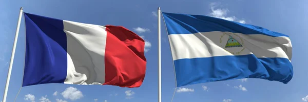 Bandiere nazionali di Francia e Nicaragua, rendering 3d — Foto Stock