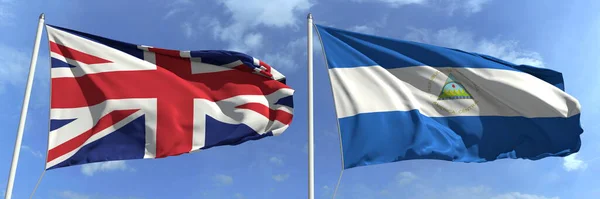 Σημαίες της Μεγάλης Βρετανίας και της Νικαράγουας σε κοντάρια σημαίας. 3d απόδοση — Φωτογραφία Αρχείου