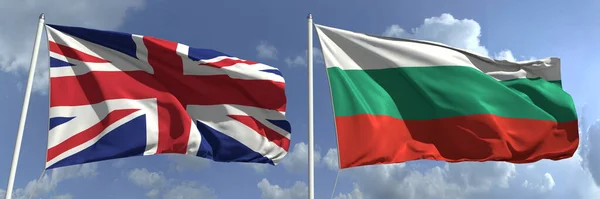 在高旗杆上悬挂大不列颠和保加利亚国旗。3d渲染 — 图库照片