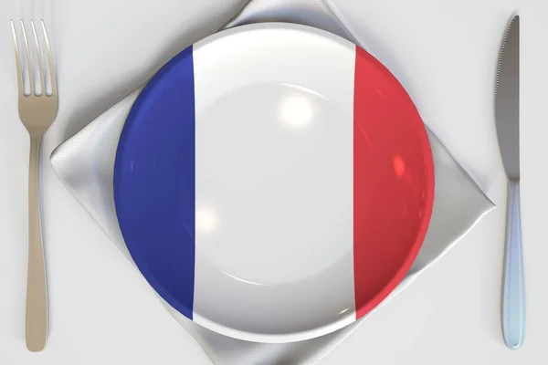 Widok z góry na płytę z flagą Francji, kuchnia narodowa konceptualny 3d renderowania — Zdjęcie stockowe