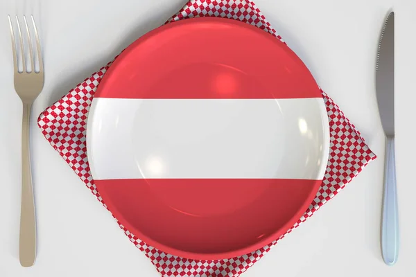 Widok z góry na płytę z flagą Austrii, kuchnia narodowa konceptualny 3d rendering — Zdjęcie stockowe