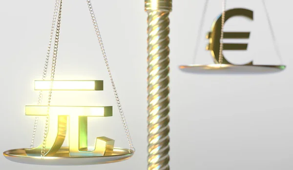 Renminbi yuan CNY signo pesa menos de Euro símbolo em balanças de balanço dourado, 3d conceitual renderização — Fotografia de Stock
