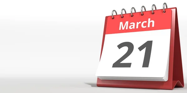 21. März Datum auf dem Umblättern Kalenderblatt, 3D-Rendering — Stockfoto