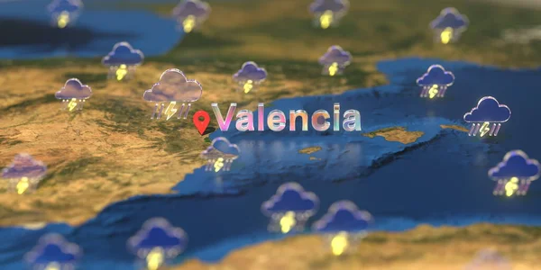 Valencia stad och stormig väderikon på kartan, Väderprognos relaterade 3D-rendering — Stockfoto