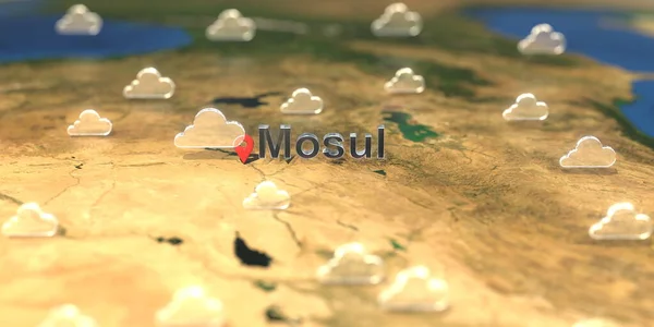Chmury ikony pogody w pobliżu Mosul na mapie, prognoza pogody związane z renderowaniem 3D — Zdjęcie stockowe