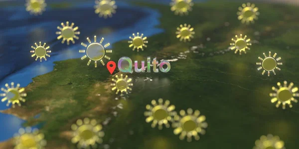 Sunny weather icons near Quito city on the map, weather forecast related 3D rendering — Stock Photo, Image