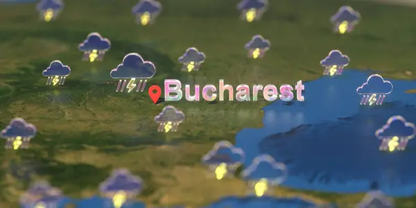 Ікони шторму біля Бухареста на карті, прогноз погоди пов'язаний з 3D рендерингом — стокове фото