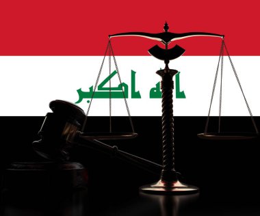 Judge gavel, scales and flag of Iraq 3d rendering clipart