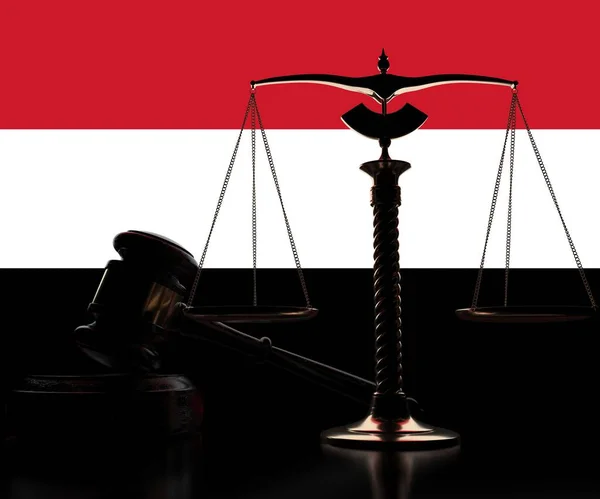 Richtergabel, Waage und Flagge des Jemen 3D-Darstellung — Stockfoto