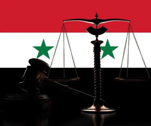 ( 영어 ) Backlight Judge gavel and scales on flag of Syria background, 3d rendering — 스톡 사진