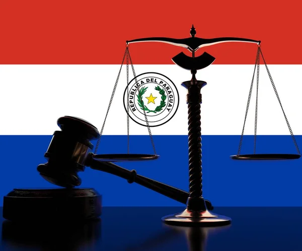 Flag of Paraguay behind court gavel and scales. 3d rendering
