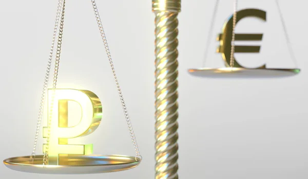 Rouble signe RUB pèse plus que le symbole Euro sur les échelles de balance d'or, rendu 3D conceptuel — Photo