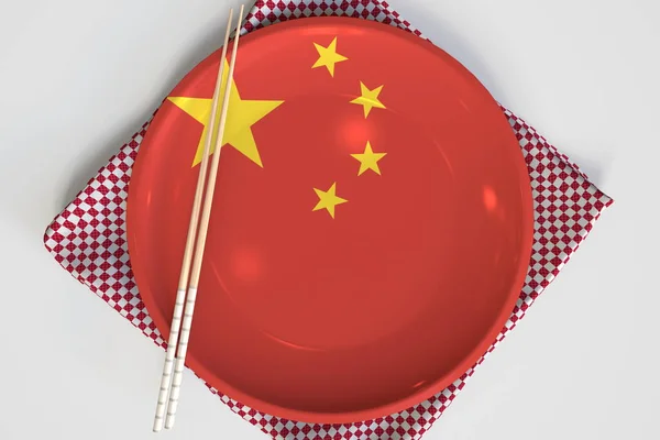 Bacchette e piatto con bandiera stampata della Cina, concetto di cucina nazionale. rendering 3d — Foto Stock