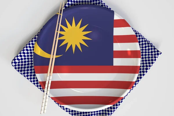 マレーシアの国旗が印刷された箸とプレート、各国料理のコンセプト。3Dレンダリング — ストック写真