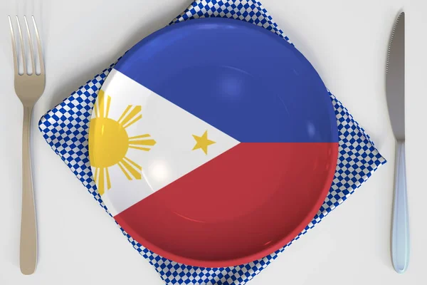 Top-down view of the plate with flag of the Philippines, national cuisine conceptual 3d rendering — Stock Photo, Image