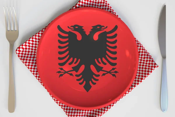 Vista dall'alto verso il basso del piatto con bandiera albanese, cucina nazionale concettuale 3d rendering — Foto Stock