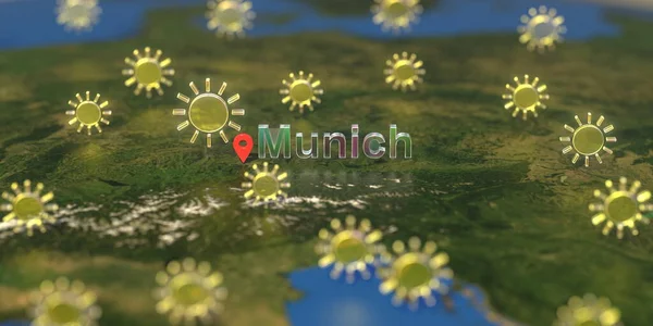 Ікони сонячної погоди біля Мюнхена на карті, прогноз погоди пов'язаний з 3D рендерингом — стокове фото