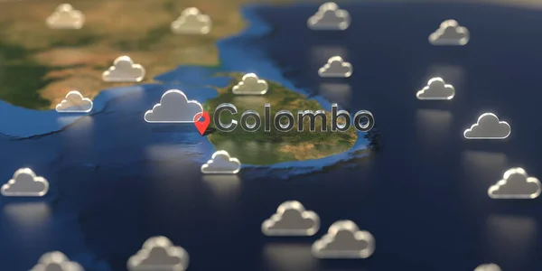 Colombo město a zataženo ikona počasí na mapě, předpověď počasí související 3D vykreslování — Stock fotografie