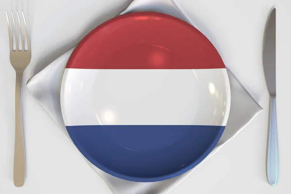 Top-down view of the plate with flag of the Netherlands, national cuisine conceptual 3d rendering — Stock Photo, Image