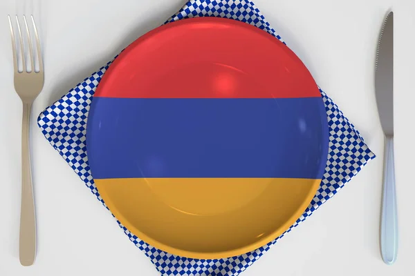 Накриття з прапором Вірменії на столі, національна кухня концептуальний 3d рендеринг — стокове фото
