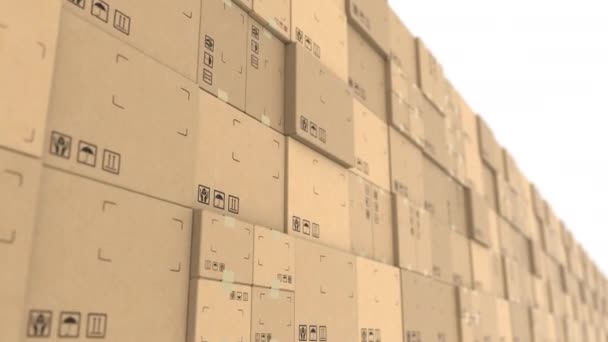 Boîtes en carton empilées, fond de mouvement en boucle. Logistique d'entrepôt, emballages recyclés ou concepts de livraison — Video