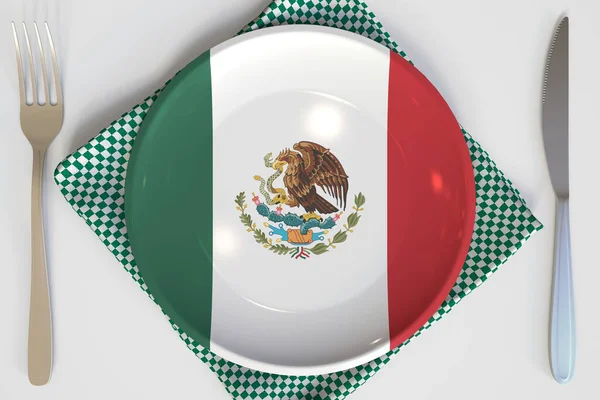 Vista de arriba hacia abajo de la placa con bandera de México, cocina nacional conceptual 3d rendering — Foto de Stock