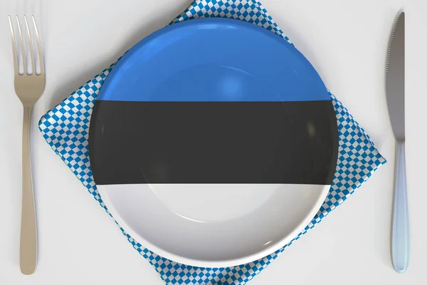 Placa con bandera de Estonia sobre la mesa, cocina nacional conceptual 3d rendering —  Fotos de Stock