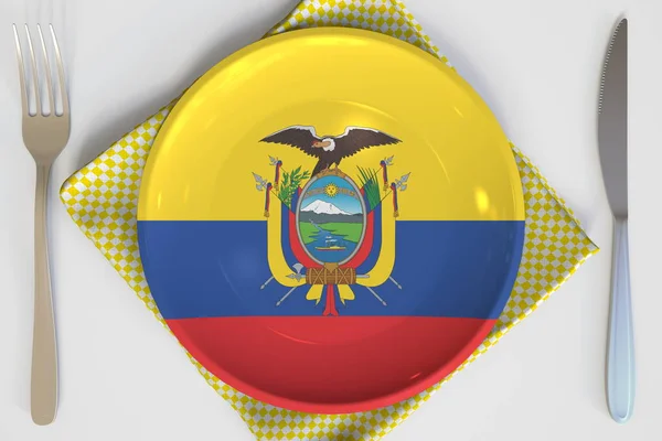 Vista de arriba hacia abajo de la placa con bandera de Ecuador, cocina nacional conceptual 3d rendering — Foto de Stock