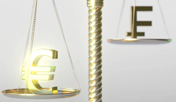 Signo euro EUR pesa menos que el símbolo del franco suizo en balanzas doradas, representación conceptual 3d — Foto de Stock