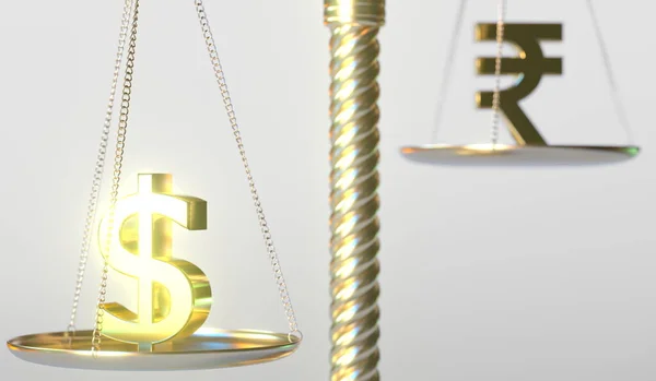 Dollar USD sign weighs more than Rupee symbol on golden balance scales, conceptual 3d rendering — Stock Photo, Image