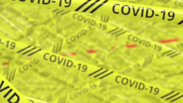 Κίτρινο και κόκκινο προειδοποιητικές ταινίες με COVID-19 και Lockdown κείμενο. Εννοιολογική 3d animation — Αρχείο Βίντεο