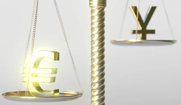 EuroEUR 표시는 금 균형에 서의 Yen 심볼보다 무게가 더 나가며, 개념적으로 3d 렌더링이다. — 스톡 사진