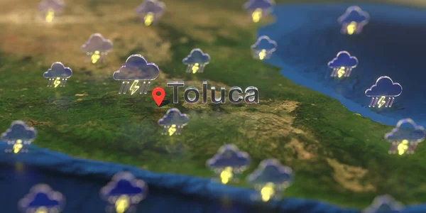 图上托勒卡市附近的暴风雨天气图标，天气预报相关3D渲染 — 图库照片