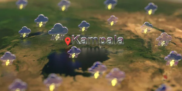 Weersymbolen bij Kampala stad op de kaart, weersvoorspelling gerelateerde 3D-weergave — Stockfoto