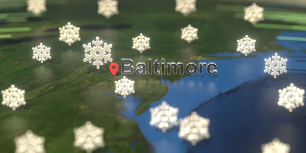 Baltimore city and snowy weather icon на карті, прогноз погоди пов'язаний з 3D рендерингом — стокове фото