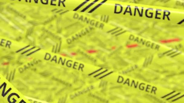 Žluté a červené varovné pásky s textem NEBEZPEČÍ a STOP. Koncepční 3D animace — Stock video