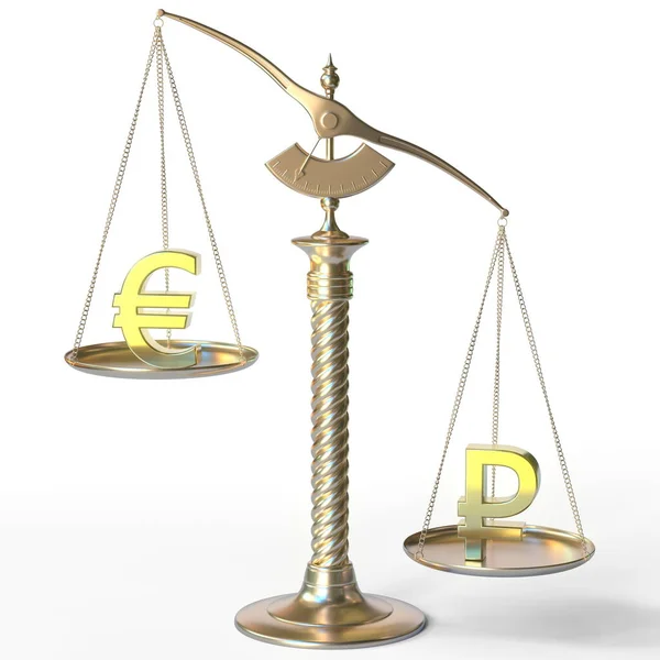 EuroEUR sign less than Ruble symbol on golden balance, 3d rendering — 스톡 사진
