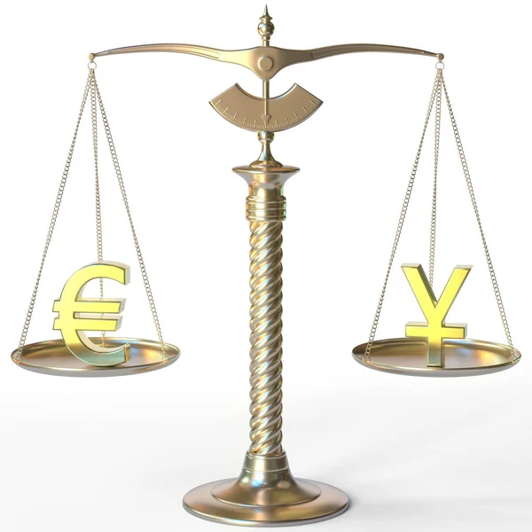 Euro EUR símbolo e sinal de iene em balanças de balanço dourado, paridade forex conceitual renderização 3d — Fotografia de Stock
