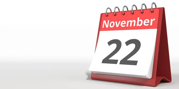 22 de noviembre fecha en la página del calendario de volteo, 3d renderizado —  Fotos de Stock