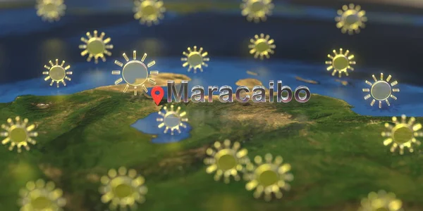 Sunny weather icons near Maracaibo city on the map, weather forecast related 3D rendering — Stock Photo, Image