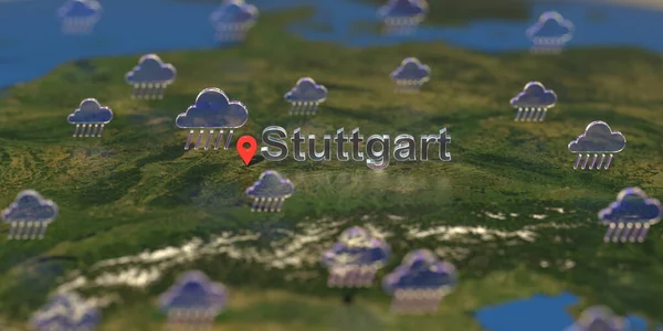 Rainy weather icons near Stuttgart city on the map, weather forecast related 3D rendering — Stock Photo, Image