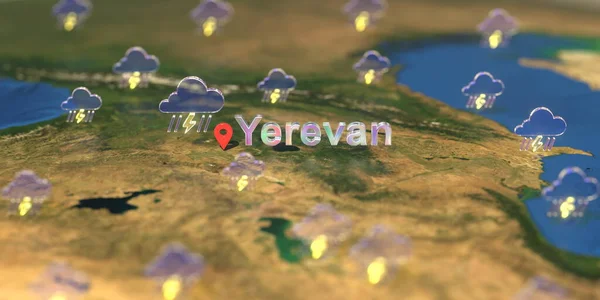 Ікони шторму біля Єреванського міста на карті, прогноз погоди пов'язаний з 3D рендерингом — стокове фото