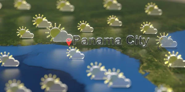 巴拿马城和部分多云天气图标在地图上，天气预报相关3D渲染 — 图库照片