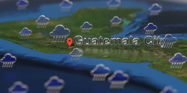 Regen iconen in de buurt van Guatemala-stad op de kaart, weersvoorspelling gerelateerde 3D-weergave — Stockfoto