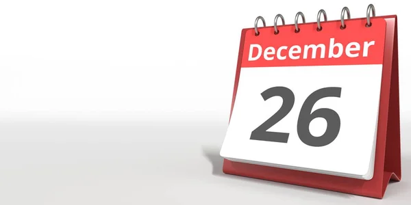 26 de diciembre de fecha en la página del calendario de volteo, 3d renderizado — Foto de Stock