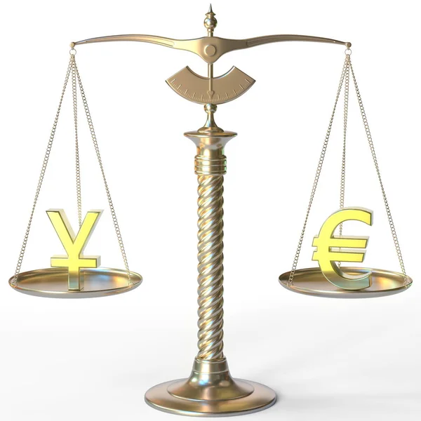 Yen símbolo JPY e Euro sinal em escalas de equilíbrio dourado, paridade forex conceitual renderização 3d — Fotografia de Stock
